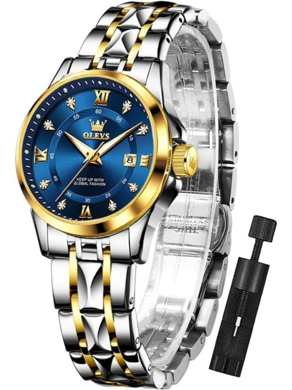 Women Silver Blue Analog Quartz Stainless Steel Waterproof Luminous Luxury Watch